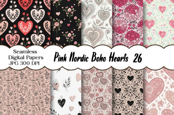 Download Pink Nordic Boho Hearts Digital Paper - Hearts digital paper Collection